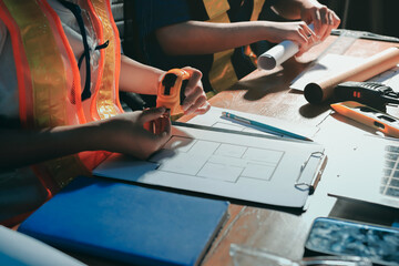 Closeup of team of industrial engineers meeting analyze machinery blueprints consult project on...