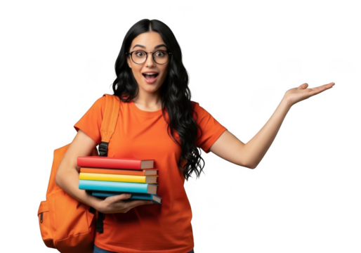 Excited young woman student with books and backpack presenting knowledge and learning opportunity transparent background