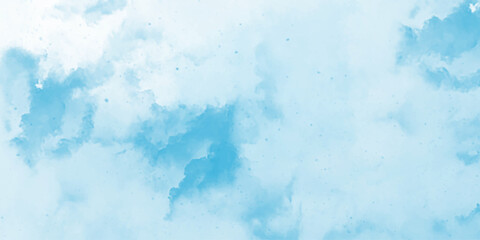Blue sky with white clouds Abstract nature background of romantic summer. Sunny sky blue light watercolor aquarelle painting brush effect. Fantastic fuzzy and puffy blue sky for design.	