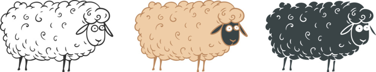Sheep in cartoon hand drawn doodle style. Set of cute vector character farm animal for children print.