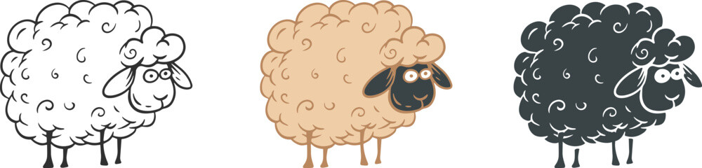 Cute cartoon sheep in hand drawn doodle style. Set of vector character farm animal for children print.