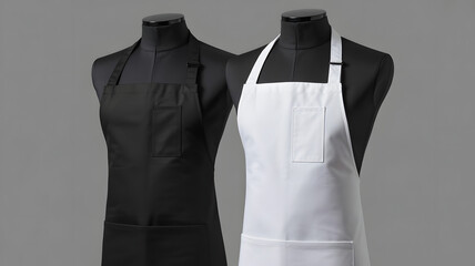 Classic black and white aprons displayed on mannequins, perfect for kitchen or restaurant use