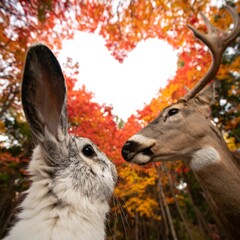Close-up of rabbit and deer in autumn foliage