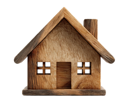 Rustic miniature wooden house model with windows and chimney, isolated on transparent cutout background - Powered by Adobe