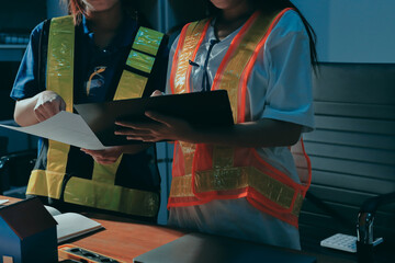 Closeup of team of industrial engineers meeting analyze machinery blueprints consult project on table in manufacturing factory. Working in manufacturing plant or production plant.