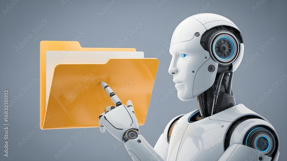 Poster robot interacting with digital folder, symbolizing ai data management.