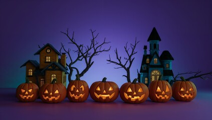 Eerie Halloween night scene with a row of glowing jack-o'-lanterns and spooky haunted houses under a purple sky