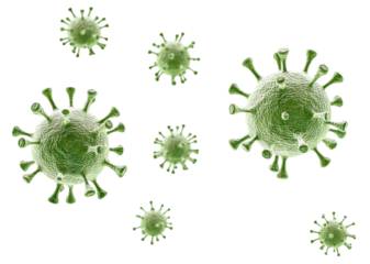 Green viral cells with spikes floating, isolated on transparent cutout background