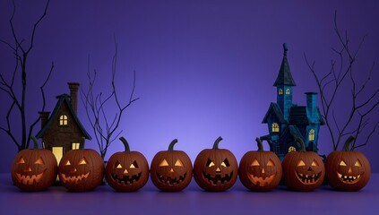 Halloween Pumpkin Patch at Haunted Houses on Violet Night