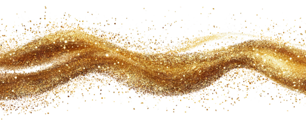 Dynamic wave of sparkling golden glitter particles, isolated on transparent cutout background