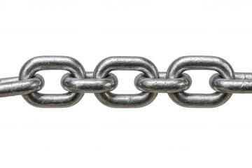 Metallic chain links interlocking tightly, representing industrial strength, connectivity, and security against transparent backdrop