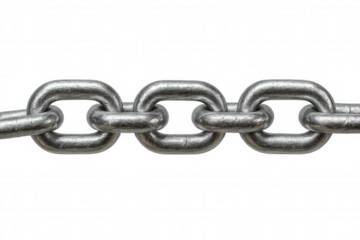 Metallic chain links interlocking tightly, representing industrial strength, connectivity, and security against transparent backdrop