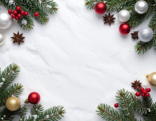 Flat lay of Christmas ornaments, pine branches, and berries arranged in a frame on a white marble background, creating a festive, wintery scene.