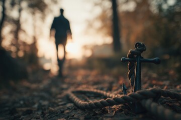 A man walks away from a nautical anchor on a path