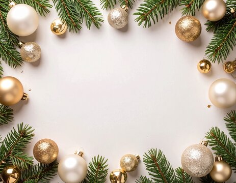 Flat lay of gold and ivory Christmas ornaments arranged in a circle with fir branches on a beige background, creating a festive and elegant frame.