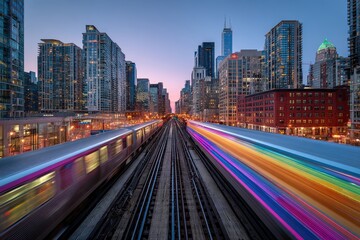 Naklejka premium A train is moving through a city at night