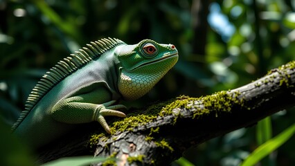 Fototapeta premium Detailed Shot of Green Iguana Resting on Tree Branch