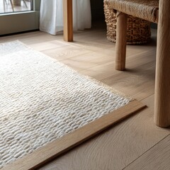 A white rug on a wooden floor