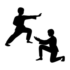 Martial Artists Practicing Forms in Serene Minimalist Dojo with Wooden Floors and Soft Light