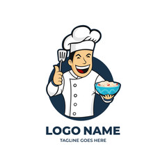 A cheerful cartoon chef mascot holding a bowl and spatula. This friendly design is perfect for a family restaurant, food blog, or catering service.