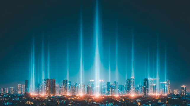 Futuristic smart city skyline at night with glowing digital light beams, symbolizing innovation, 5G or 6G connectivity, data network, urban technology, and modern digital infrastructure.