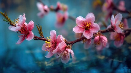 Blossoming pink flowers on a branch against a blurry blue and green background