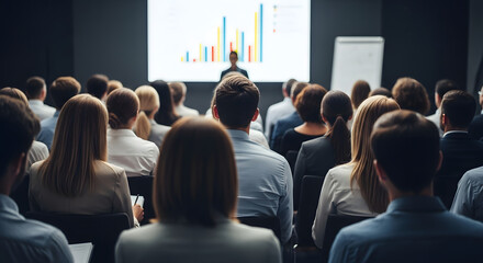 business people attending presentation with bar chart on screen
