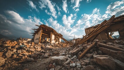 Ruined buildings in a devastated landscape under a dramatic sky