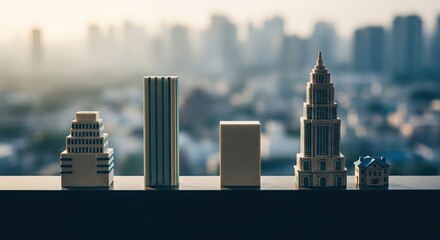 Miniature skyscraper models on a table with a cityscape background