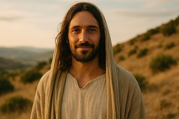 Serene figure in natural landscape.