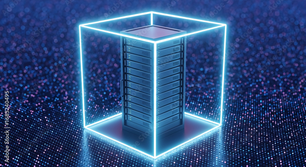 Poster server rack inside glowing cube, on a sparkling background. showcase of data center technology, symb
