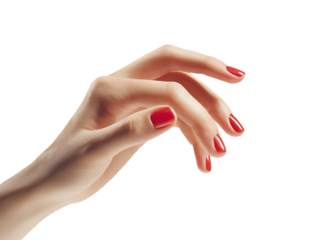 Woman's hand with manicured red nails on a transparent background.