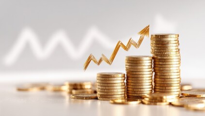 Gold coins stacked in increasing columns with a gold upward trend graph