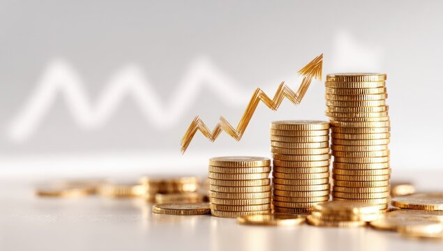 Gold coins stacked in increasing columns with a gold upward trend graph