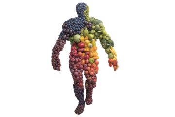 Human figure made of colorful fruits and vegetables, promoting healthy eating.
