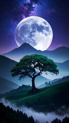 Majestic moonlit mountain landscape with a lone tree