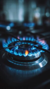 closeup kitchen gas stove fire burning