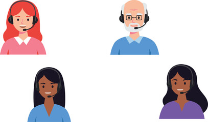 Customer support team avatars, diverse call center operators with headsets, virtual assistance, online service representatives, communication staff illustration set
