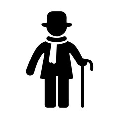 Elderly Gentleman with Cane Standing on Cobblestone Street in Foggy Victorian London at Night