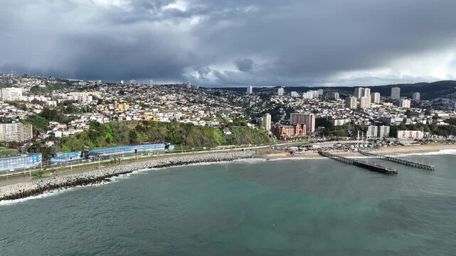 Vina del Mar in Chile with a rainbow. Beautiful aerial image of the coastline.