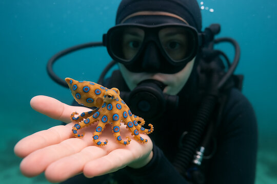 Scuba Diver Holding Blue-Ringed Octopus Underwater, Venomous Wildlife Awareness