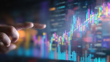 A hand points to a vibrant financial chart on a digital display