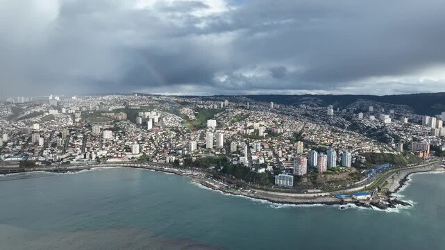 Vina del Mar in Chile with a rainbow. Beautiful aerial image of the coastline.