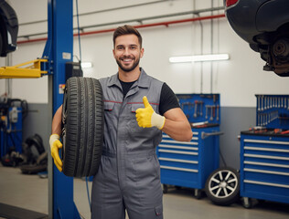 Professional mechanic shows satisfaction with cheerful expression.