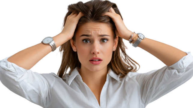 Stress and Overwhelm: A young woman in a crisp shirt clutches her head, her wide eyes and furrowed brow conveying the intensity of overwhelming stress.