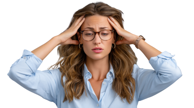Stress and Strain: A woman in glasses looks at her head, feeling the weight of emotional strain, and her expression tells a story of inner turmoil. 