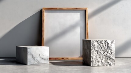 Square frame with a poster mockup standing on the concrete floor, designed for a minimalistic display or showcase.