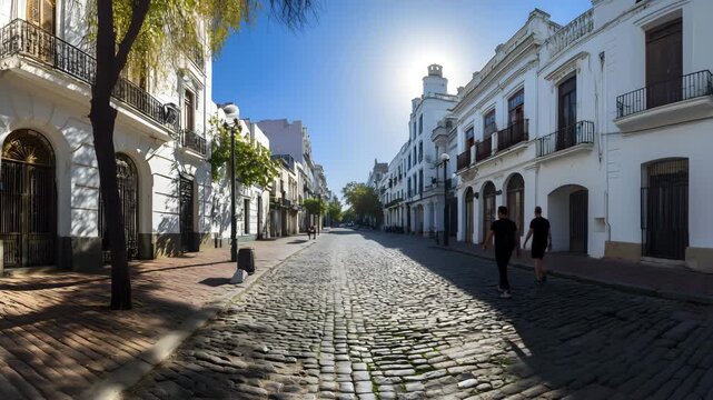 A panoramic view of the Ciudad Vieja, the oldest part of Montevideo, featuring cobblestone streets and colonial buildings 