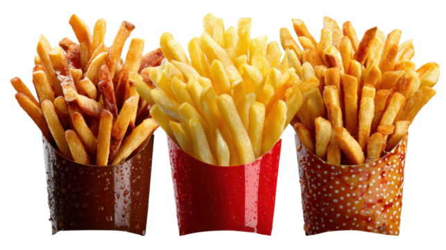 Trio of Temptation: A visually appealing composition presents three varieties of golden-brown fries, enticing and ready to be enjoyed