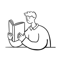 Young man reading a Book. Hand drawn doodle people illustration.